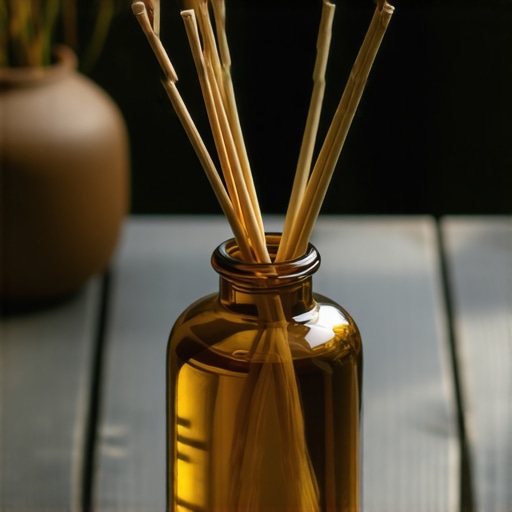 Domaći difuzer od štapića u tamnoj staklenoj bočici na drvenom stolu
