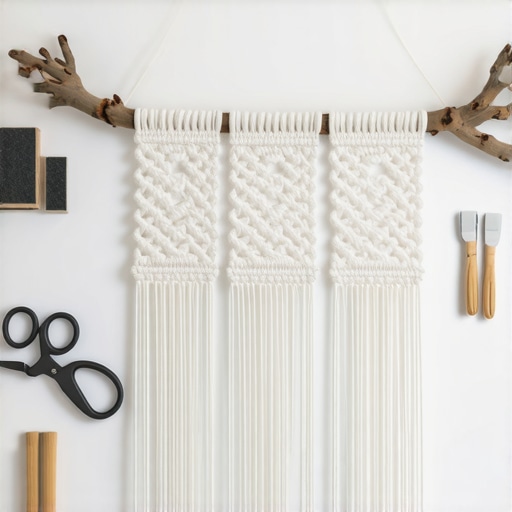 Detaljan prikaz makrame čvorova na drvenoj grani