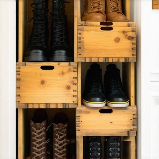 DIY Polica za cipele od drvenih gajbi Gotova DIY polica za cipele napravljena od recikliranih drvenih gajbi u hodniku