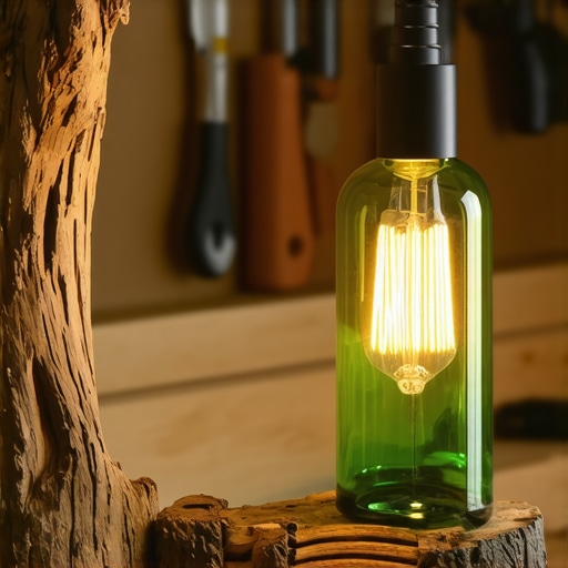 DIY Rustična lampa od drveta i flaše Ručno rađena stona lampa od prirodnog drveta i staklene flaše na radnom stolu