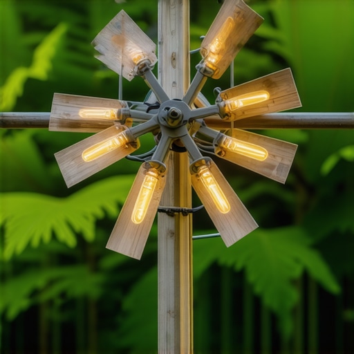Mala drvena vetrenjača sa LED svetlima u dvorištu
