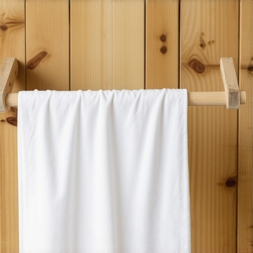 Detaljan prikaz ručno rađene drvene police za sušenje veša montirane na zid.