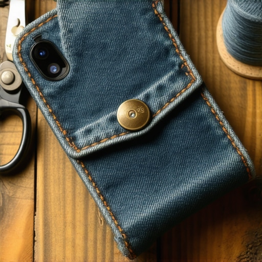 DIY futrola za mobilni od starih farmerki Ručno rađena futrola za telefon od teksasa na radnom stolu