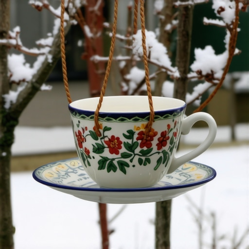 DIY hranilica za ptice od šolje i tacne Hranilica za ptice napravljena od stare keramičke šolje i tacne okačena na granu