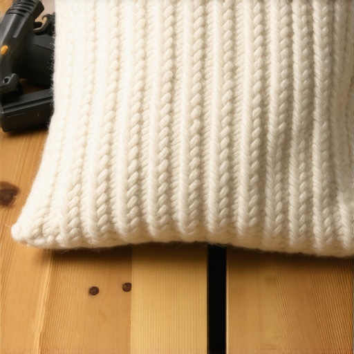 Ručno pravljen ukrasni jastuk od starog vunenog džempera na radnom stolu.