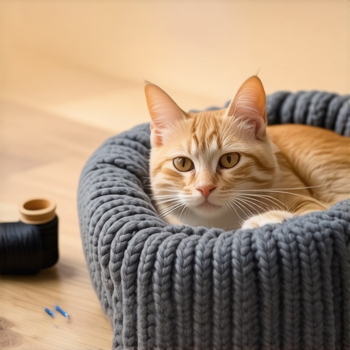 Ručno rađen krevet za mačku napravljen od starog sivog vunenog džempera na drvenom podu