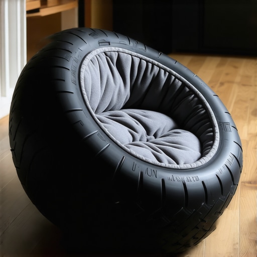 Gotov krevet za psa napravljen od stare automobilske gume sa sivim jastukom unutra