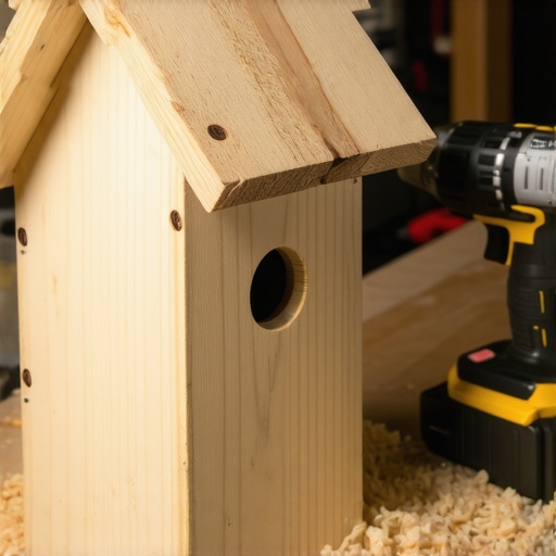 Kućica za ptice napravljena od ostataka krovnih letvi na radnom stolu