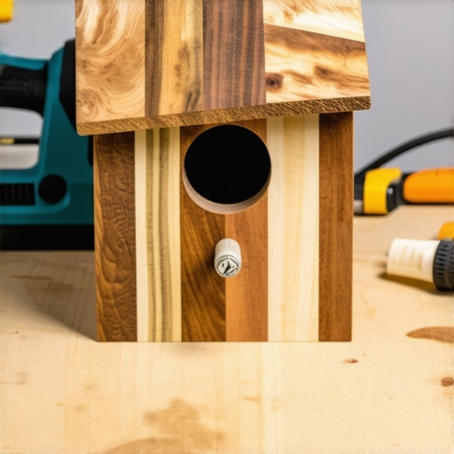 Ručno rađena kućica za ptice napravljena od ostataka laminata sa vidljivim alatima