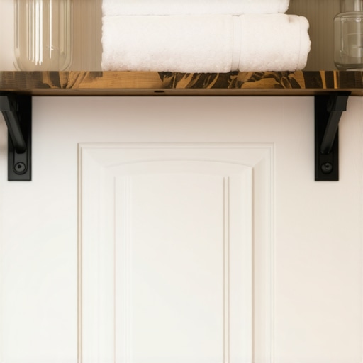 Drvena polica iznad vrata za peškire u malom kupatilu