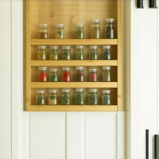 Unutrašnja strana kuhinjskih vrata iskorišćena za odlaganje začina na drvenim policama