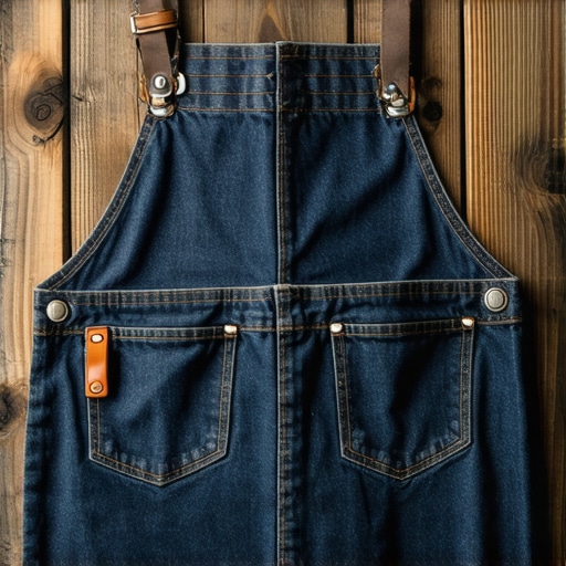 Detaljan prikaz ručno rađene kecelje od starih farmerki sa ojačanim džepovima u radionici.