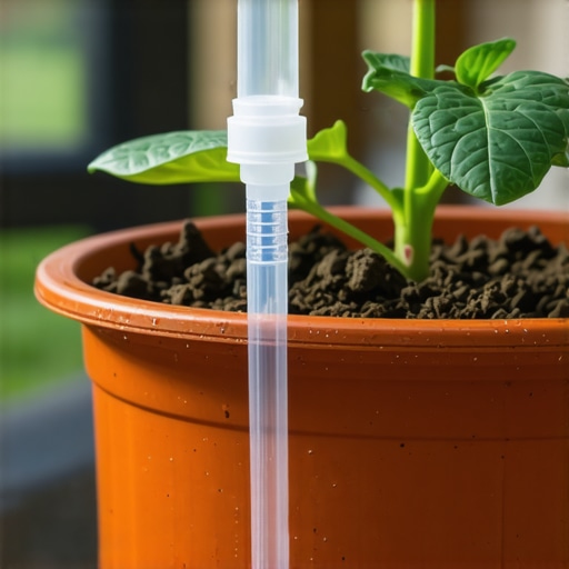 Detaljan prikaz infuzionog creva povezanog na plastičnu bocu za navodnjavanje biljaka