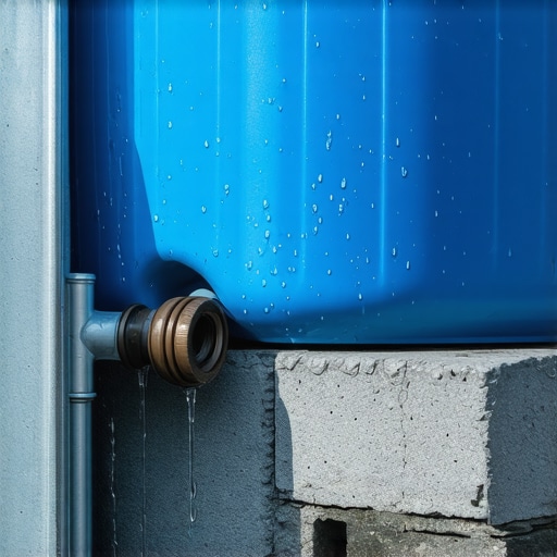 Plavo bure za kišnicu povezano na oluk preko preusmerivača na betonskom postolju