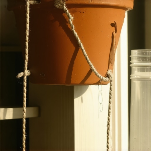 Prikaz kapilarnog zalivanja biljaka pomoću konca i tegle sa vodom na balkonu