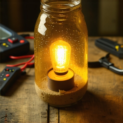 DIY solarna lampa u tegli na radnom stolu Ručno rađena solarna lampa u matiranoj staklenoj tegli koja svetli toplom svetlošću na drvenom stolu u radionici.