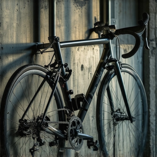 Detaljan prikaz ručno rađenog zidnog nosača za bicikle od pocinkovanih vodovodnih cevi montiranog na betonski zid garaže.