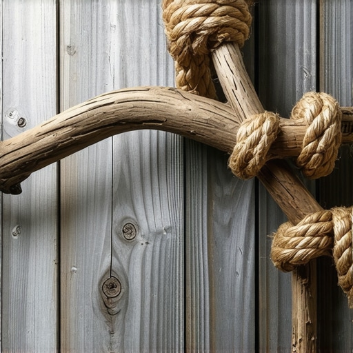 Krupni plan teksture suvog drveta i čvorova od jute kanapa