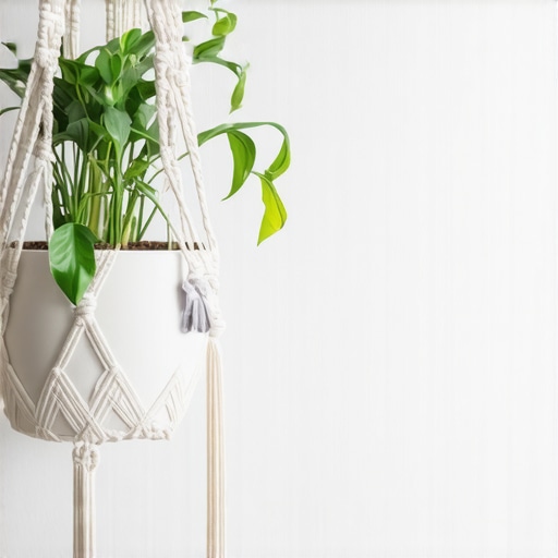 Makrame držač za saksije sa zelenom biljkom okačen na zid
