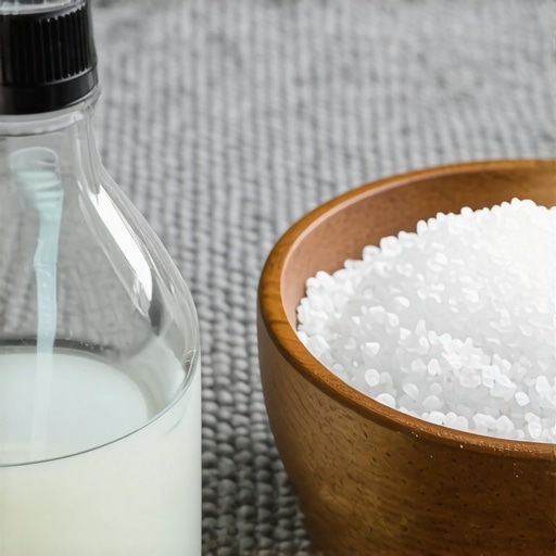 Sprej boca sa sirćetom i posuda sa solju na tepihu za prirodno čišćenje.