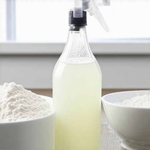 Domaće sredstvo za pranje prozora sa sirćetom i kukuruznim skrobom na radnom stolu