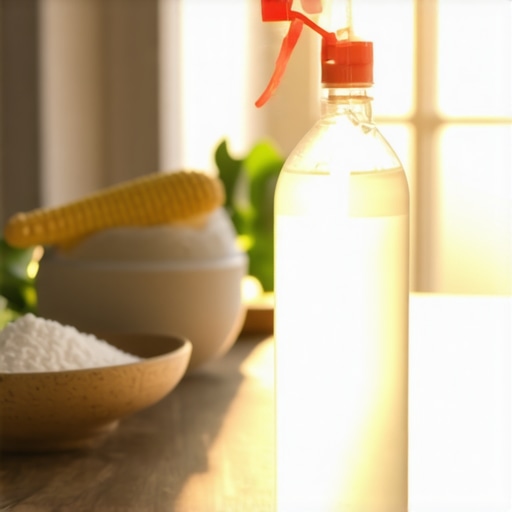 Bočica sa domaćim sredstvom za prozore, sirćetom i skrobom na radnom stolu