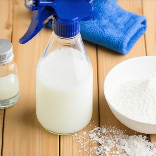 Boca domaćeg sredstva za čišćenje prozora pored sastojaka na radnom stolu