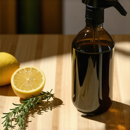 Staklena boca sa domaćim sprejom za dezinfekciju na drvenoj kuhinjskoj površini