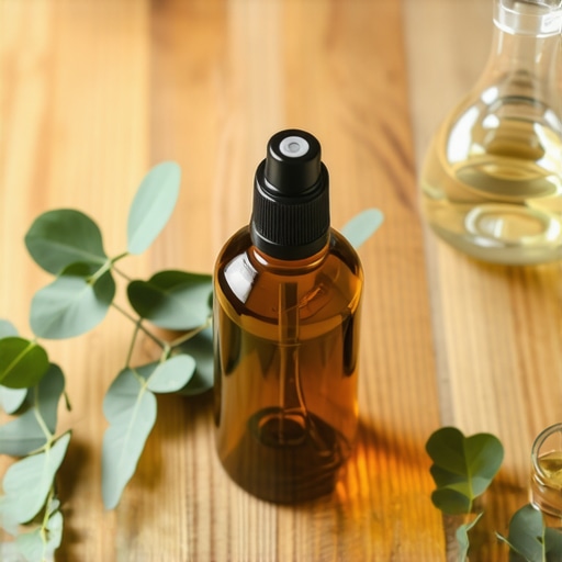 Sprej od eukaliptusa i eteričnih ulja na drvenom stolu sa listovima eukaliptusa