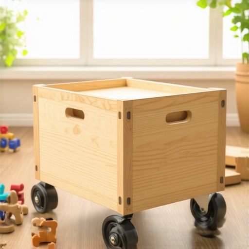 Ručno rađen drveni sanduk za igračke od jelovine sa točkićima u dečijoj sobi