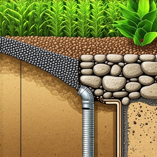 Dijagram drenažnog sistema za baštu na padini sa kamenim zidom i cevi