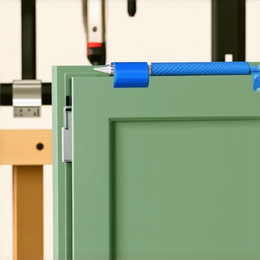 Detaljan prikaz farbanja kuhinjskih elemenata valjkom uz zaštitu šarki krep trakom