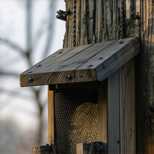 A durable DIY bird feeder made from locust wood and wire mesh hanging in a garden.