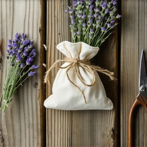 Close-up of DIY lavender sachets made from recycled cotton fabric on a workshop table.