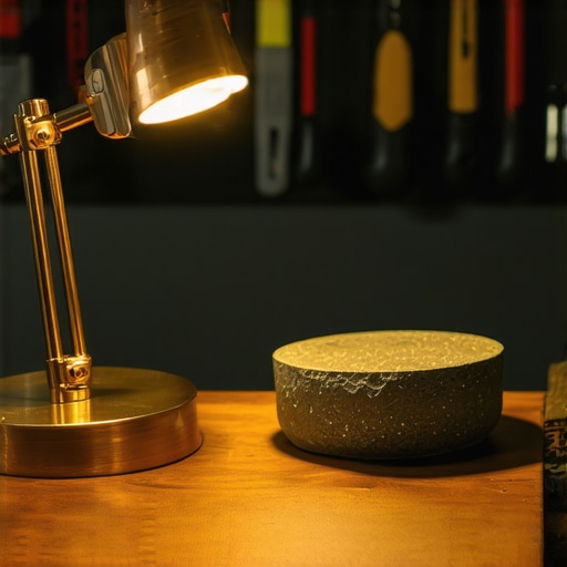 Industrijska DIY lampa od bakra i betona Ručno rađena lampa od bakarnih cevi i betonskog postolja na radnom stolu