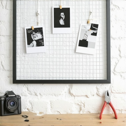 DIY mrežasti ram za fotografije od pocinkovane žice sa štipaljkama na zidu