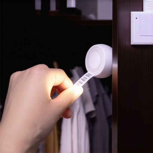 Osoba postavlja LED traku sa senzorom pokreta unutar drvenog ormara za bolju vidljivost.