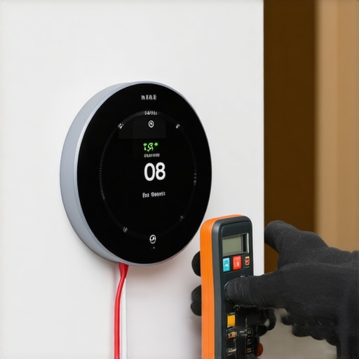 Detaljan prikaz instalacije modernog pametnog termostata na minimalistički zid uz korišćenje multimetra.