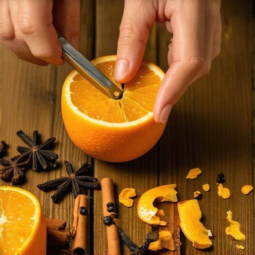Izrada prirodnog osveživača od pomorandže i karanfilića Ruke majstora kako prave prirodni miris od pomorandže i začina na drvenom stolu