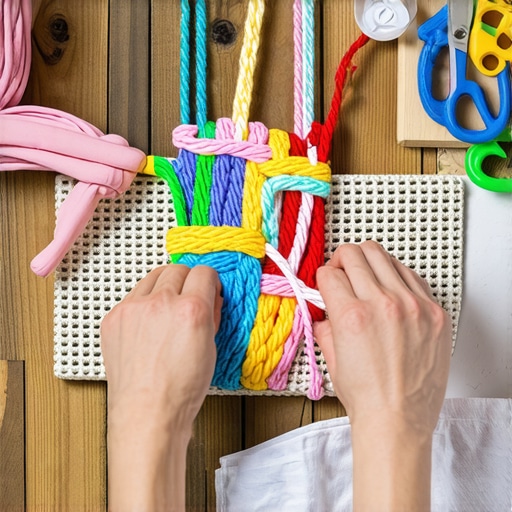 Izrada prostirke od starih majica Detaljan prikaz vezivanja pamučnih traka na mrežicu za kupatilsku prostirku