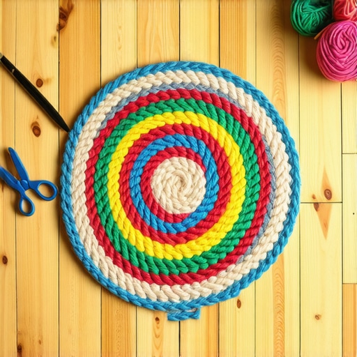 Ručno rađen pleteni tepih od recikliranih pamučnih majica na drvenoj podlozi