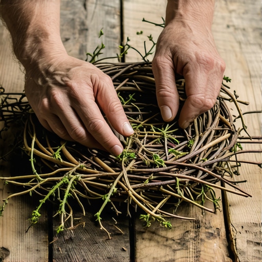 Ruke koje pletu uskršnji venac od breze i mahovine na drvenom stolu