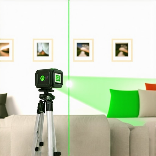 Lasersko nivelisanje slika na zidu Zeleni laserski nivelator na stativu projektuje liniju za kačenje slika na zidu