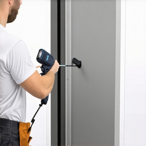 Majstor lepi sivu foliju na vrata kuhinje pomoću fena i špatule