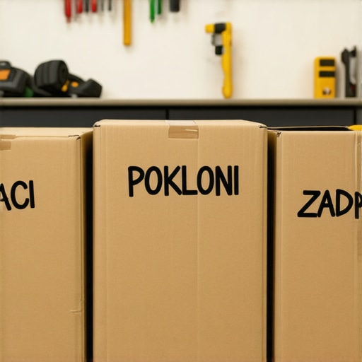 Tri kartonske kutije sa natpisima baci, pokloni i zadrzi na podu radionice