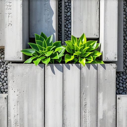 Moderna siva žardinjera od betonskih blokova u dvorištu sa zelenim biljkama