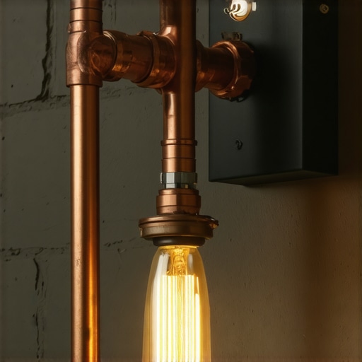 Zidna lampa od bakarnih cevi sa Edison sijalicom na betonskom zidu