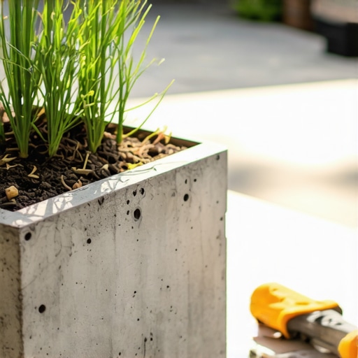 Moderna betonska žardinjera sa drvenim detaljima Završena moderna žardinjera od betona i drveta u dvorištu