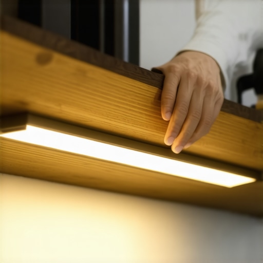 Ručna instalacija moderne baterijske LED lampe ispod police u stanu