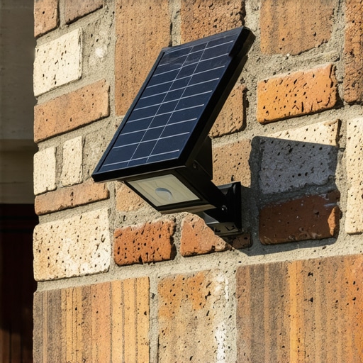 Solarno svetlo sa senzorom montirano na cigleni zid u mračnom prolazu dvorista.